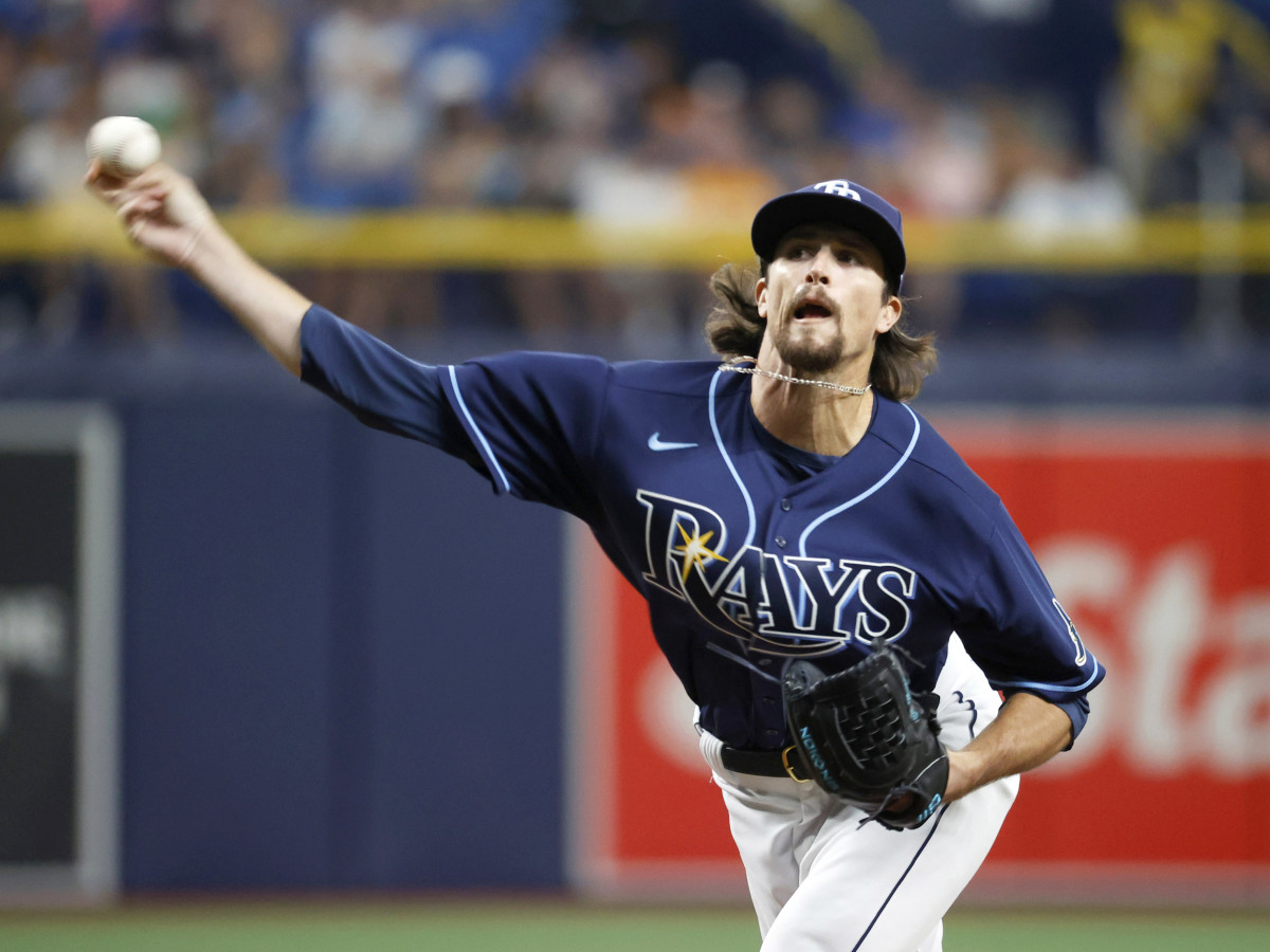 Aug 20, 2021; St. Petersburg, Florida, USA; Tampa Bay Rays pitcher Chris Mazza (15) throws a pitch during the seventh inning against the Chicago White Sox at Tropicana Field.